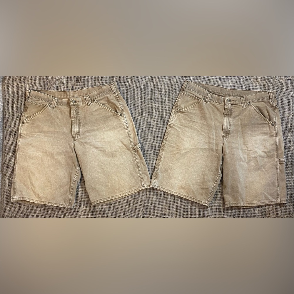 2 Pair Lee Dungarees Khaki Cargo Shorts Size 38L Reinforced Pockets Vintage